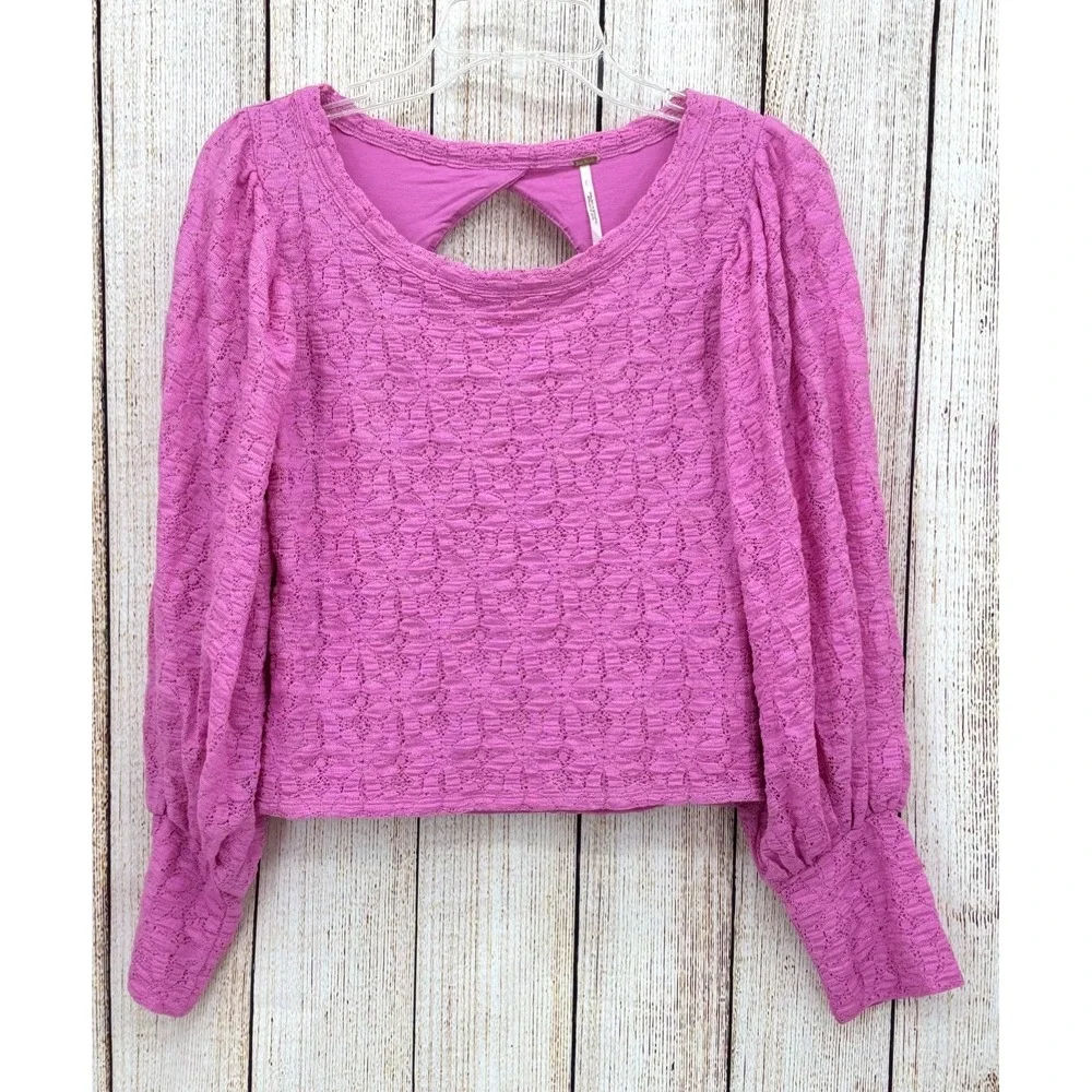 Free People Tea Time Blouse Size Large Pink Lace Open Back Puff Sleeve NWT